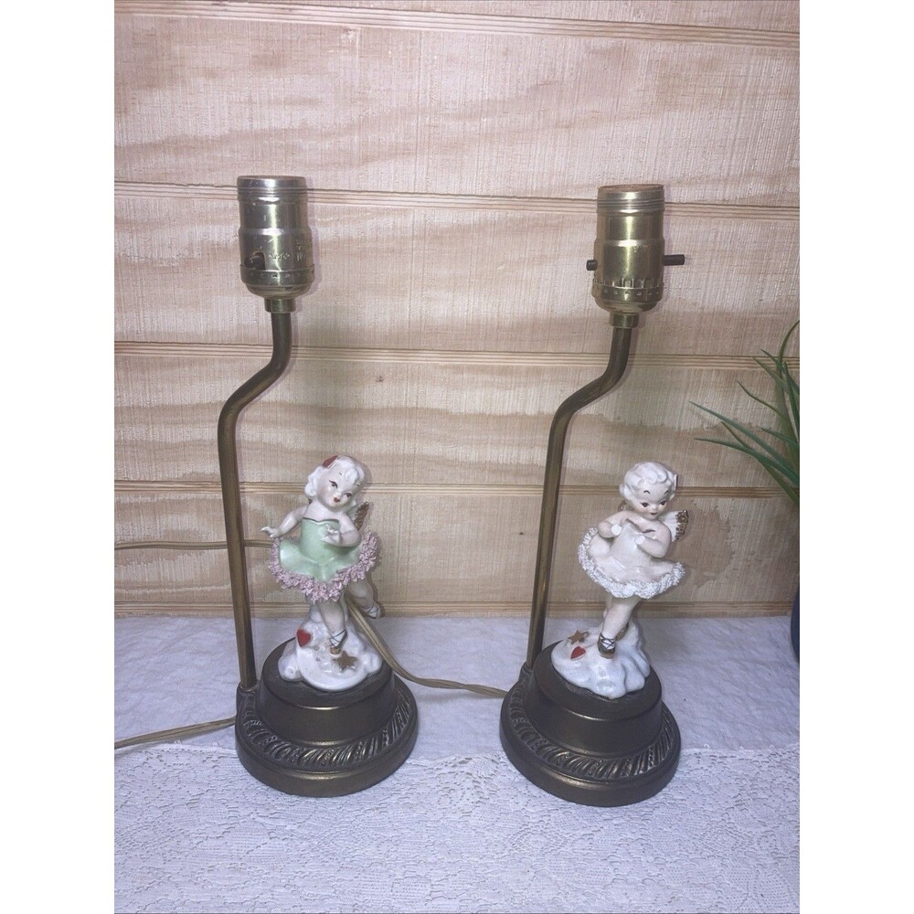 Pair of Vintage Ballerina Angel Figurine Lamps - Flawed